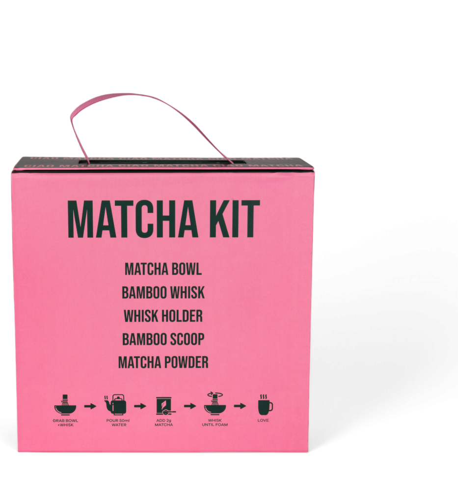 Ciao Matcha Matcha Kit custom packaging, back panel with kit contents and preparation icons