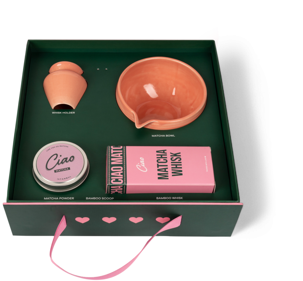 Ciao Matcha Matcha Kit interior layout with matcha bowl, whisk holder and product compartments